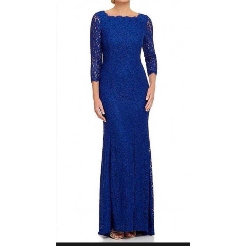 Adrianna Papell Blue Lace Long Sleeve Evening Dress Scalloped Mother of Bride 8